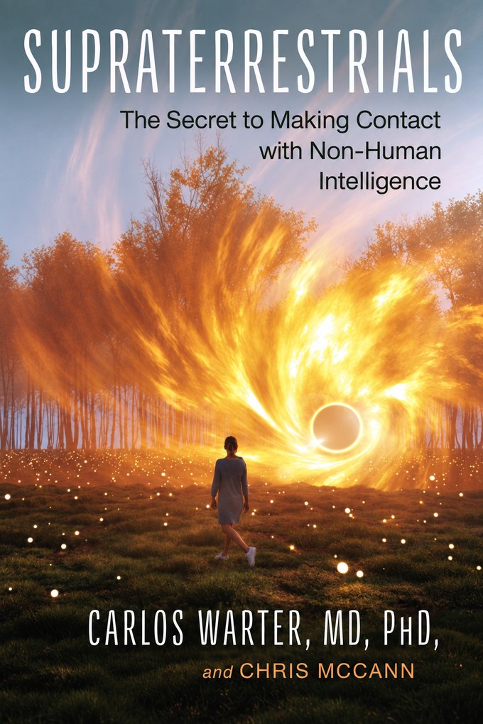Supraterrestrials book cover: a figure walking toward a golden vortex in a dark forest